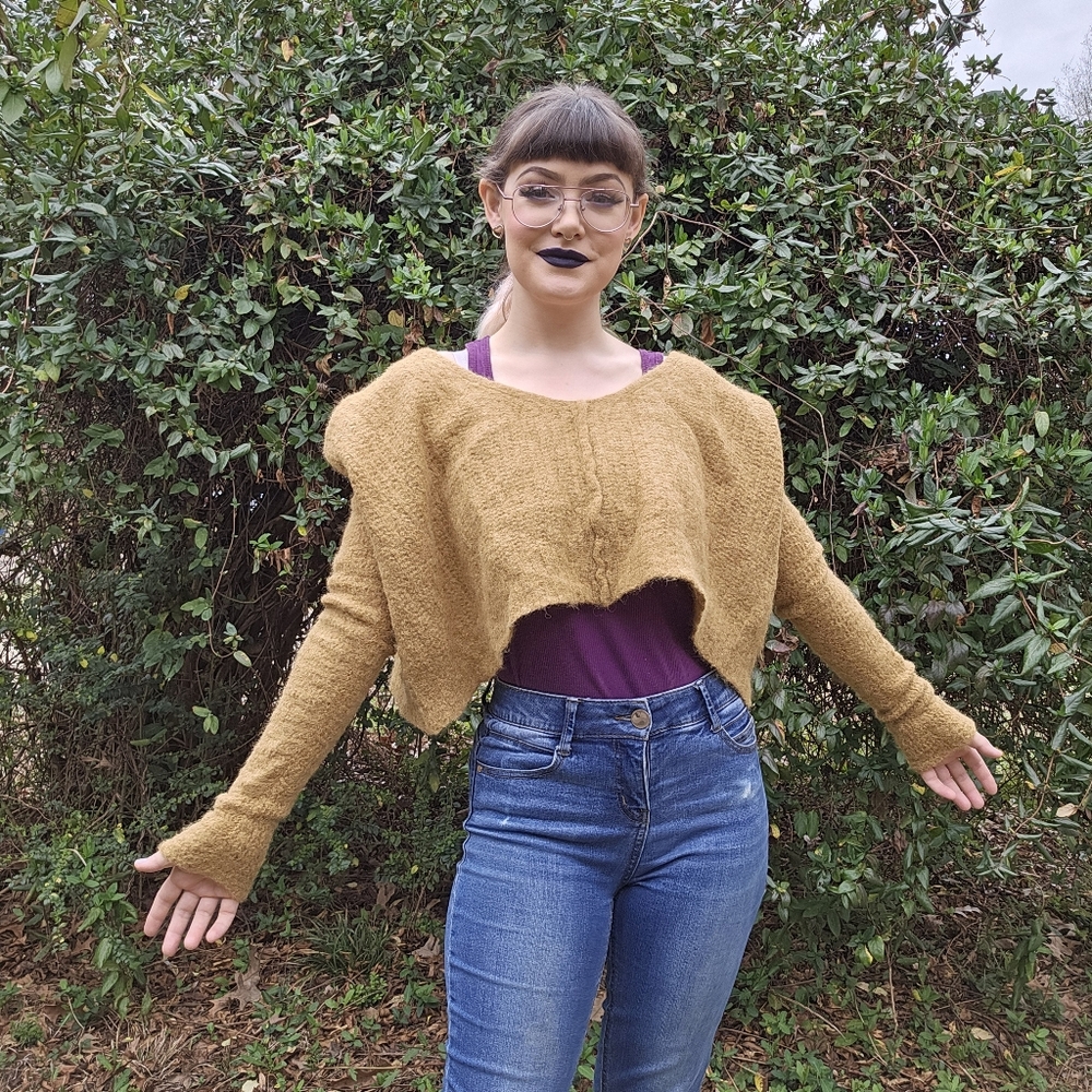 Free People Cropped Popcorn Mustard Yellow Sweater Alpaca / Nylon Blend - Picture 12 of 14